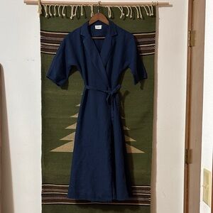 Linen Handmade Studio LINEN DRESS ATHENA Navy Blue Wrap Dress with pockets